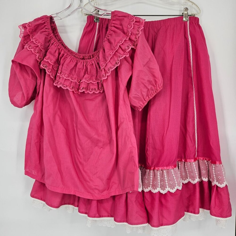 Prairie Shirt Skirt Set M Pink White Lace Trim Cotton Blend Dance Western USA